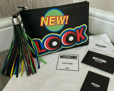 Pre-owned Moschino Black Graphic Print Leather Clutch Retail £393 Made In Italy