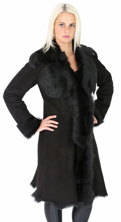 Pre-owned Fashion Womens Luxury Toscana Long Coat Real Sheepskin Black Shearling Suede Jacket