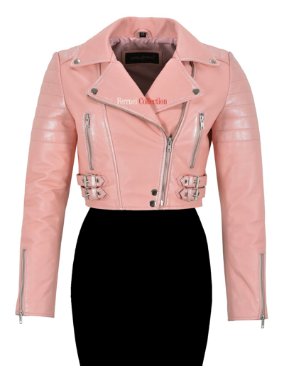 Pre-owned Real Leather Ladies Biker Leather Jacket Baby Pink Real Lambskin Cropped Body Classic Fashion