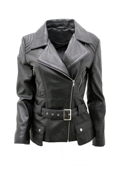 Pre-owned Infinity Ladies Black Vintage Long Feminine Leather Biker Jacket