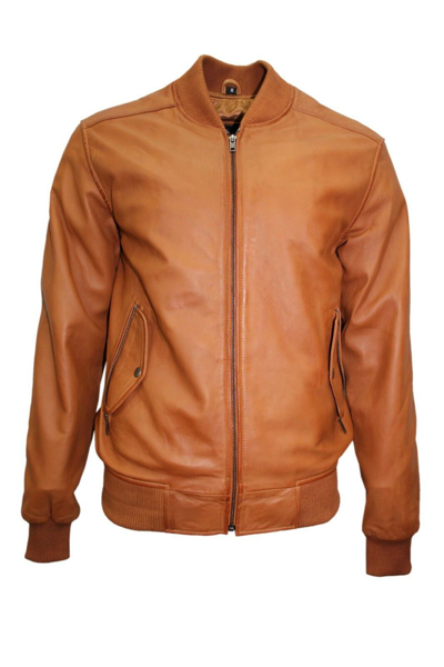 Pre-owned Sr Real Leather Men's Retro 80's Leather Bomber Tan Classic Soft Italian Nappa Leather Jacket