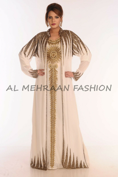 Pre-owned Fashion Moroccan Arabic Kaftan Maxi Full Sleeve Jalabiya Golden Embroidery Wedding Gown