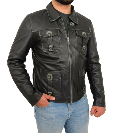 Pre-owned Fashion Mens Black Real Leather Western Jacket Vintage G9 Harrington Fitted Zip Box Coat
