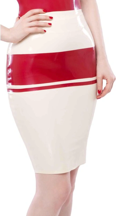 Pre-owned Westward Bound Panel Latex Pencil Skirt Warm White With Pearl Sheen Red Trim