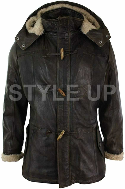 Pre-owned Style Men,s Stylish Duffle Classic Safari Hooded  Black Genuine Leather Coat