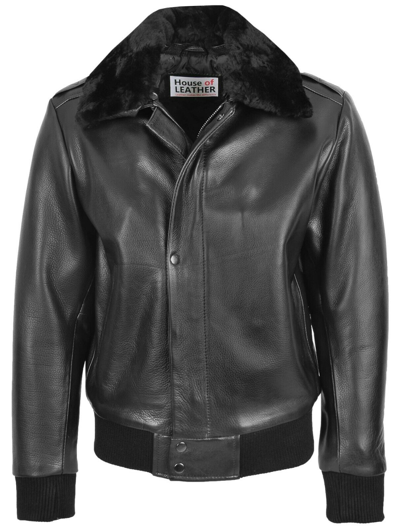 Pre-owned House Of Leather Mens Leather Bomber Jacket Removable Collar Pilot Aviator Leroy Black