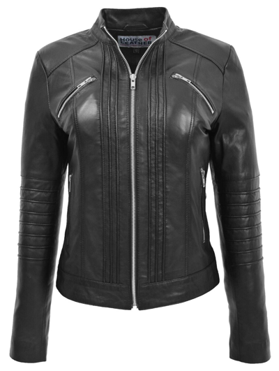Pre-owned House Of Leather Womens Real Leather Biker Style Classic Jacket Alice Black