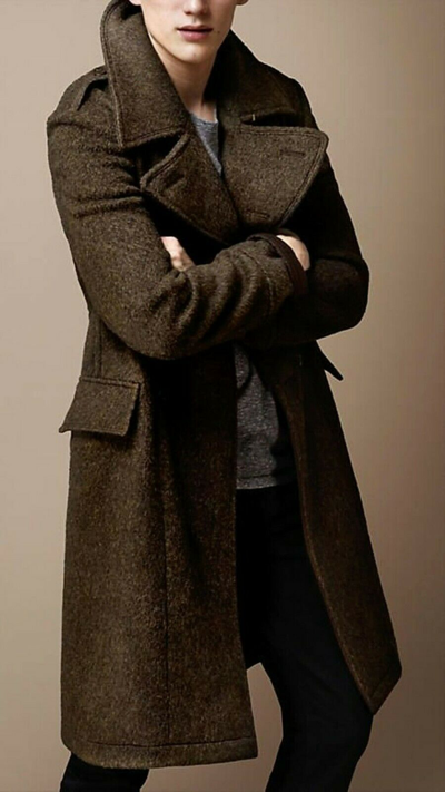 Pre-owned Handmade Trench Coat Mens Long Brown Wool Overcoat Winter Outwear Jacket Christmas Sale