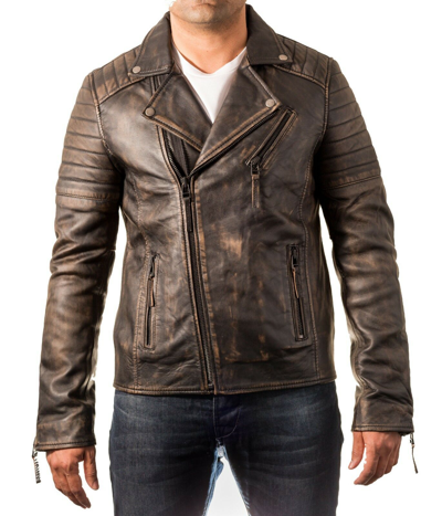 Pre-owned Style Mens Black Rub Off Destress Leather Smart Motorbike Brando Double Zipped Jacket