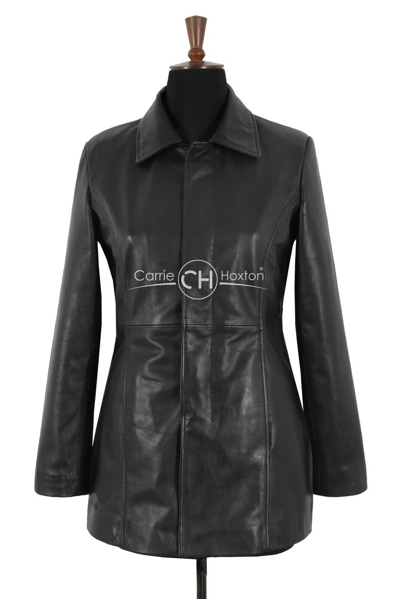Pre-owned Carrie Ch Hoxton Ladies Classic Black Real Leather Jacket Conceal Button 3/4 Length Coat Shaylyn