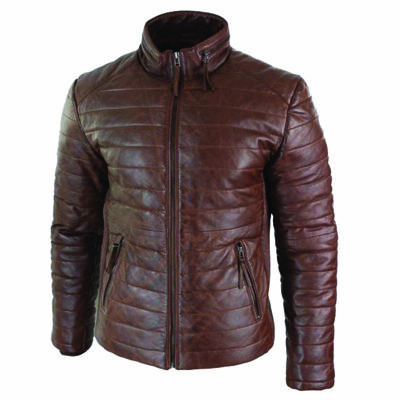 Pre-owned Claw Intl Mens Real Leather Genuine Quilted Puffer Zipped Jacket Brown Casual Sale Price