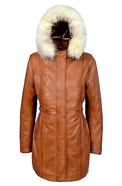 Pre-owned Various - Real Leather Angel Ladies Tan Trench Mid Length Fur Hooded Designer Soft Leather Jacket Coat