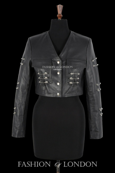 Pre-owned Carrie Ch Hoxton Ladies Punk Rock Grunge Cropped Black Real Leather Edgy Fashion Jacket 7201