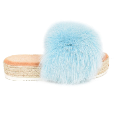 Pre-owned Fox Platform Slides With Braided Sole And Blue  Fur High Sole Slippers With Fur