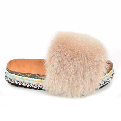 Pre-owned Fox Platform Slides With Beige  Fur Slippers High Sole Sandals With Fur