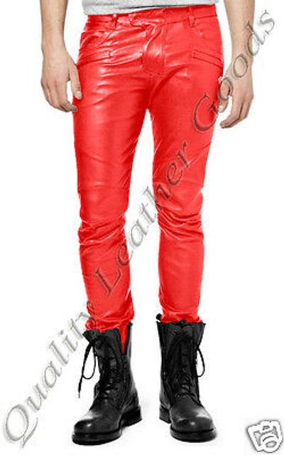 Pre-owned Quality Leather Goods Mens Premium Sheep Leather Jeans Thigh Fit Luxury Trouser Trousers In Red Bluf Club