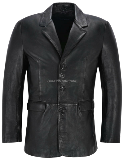 Pre-owned Smart Range Men's Leather Blazer Black Classic Italian Tailored Soft Real Leather Slim Jim