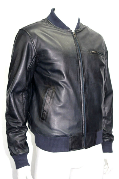 Pre-owned Navy Tommy 80"s Men's Classic Bomber Fitted Style  Blue Napa Leather Jacket