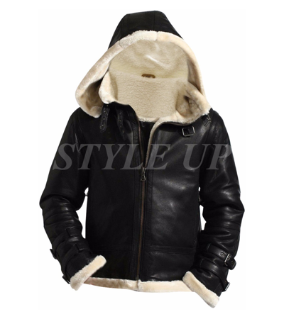 Pre-owned Styleup Ltd Men Classic B3 Raf Removable Hood Faux Fur Black Biker Bomber Leather Jacket
