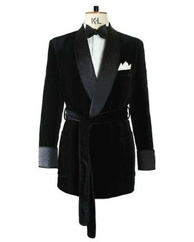 Pre-owned Handmade Men Smoking Jacket Blazer Black Belted Elegant Luxury Designer Party Wear Uk