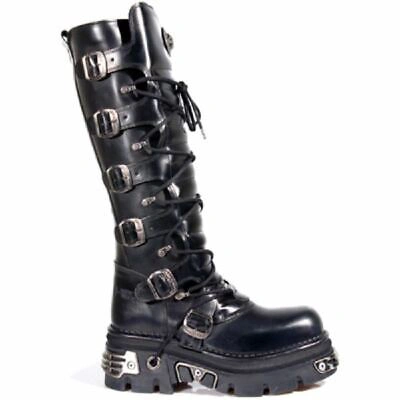 Pre-owned New Rock Rock 272 Metallic Black Goth Knee High Zip Leather Buckle Boots Punk Emo