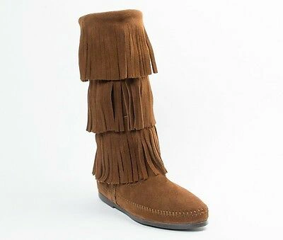 Pre-owned Minnetonka 3 Fringes Moccasins 1638 Women's Knee High Boot Hardsole Brown Suede