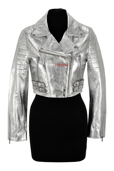 Pre-owned Fashion Classic Ladies Biker Leather Jacket Silver Real Lambskin Cropped Body Classic Fashion