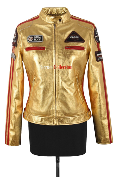 Pre-owned Smart Range Leather Womens Sizma Gold/silver Foiled Leather Jacket Retro Biker Racer Style Jessica