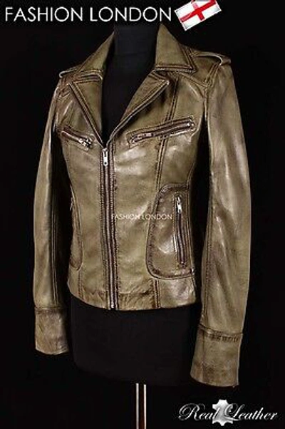 Pre-owned Real Leather 'leona' Ladies Light Green Washed Biker Designer Real Lambskin Leather Jacket