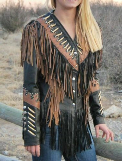 Pre-owned Claw Intl Western Women's Lambskin Leather Fringe Jacket Bones Stud Cognac Trim Sale Price