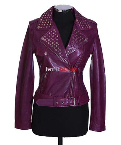 Pre-owned Real Leather Veronica Purple Studded Leather Jacket Biker Style Retro Fashion Gothic Jacket