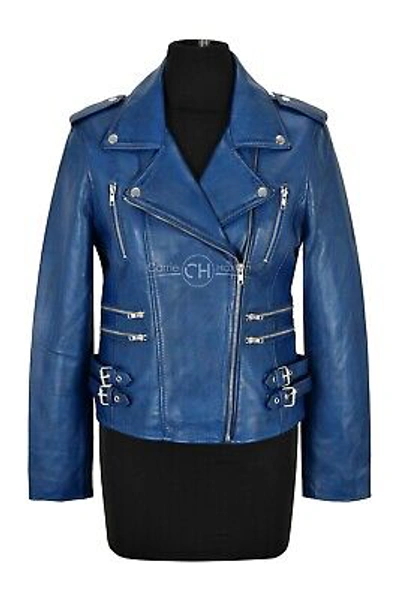 Pre-owned Fashion Jessie Ladies Blue Biker Leather Jacket Soft Genuine Leather  Jacket