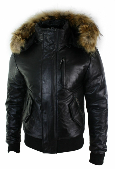Pre-owned Claw Intl Men Real Fur Hood Bomber Sheep Leather Jacket Black Puffer Padded Sale Price