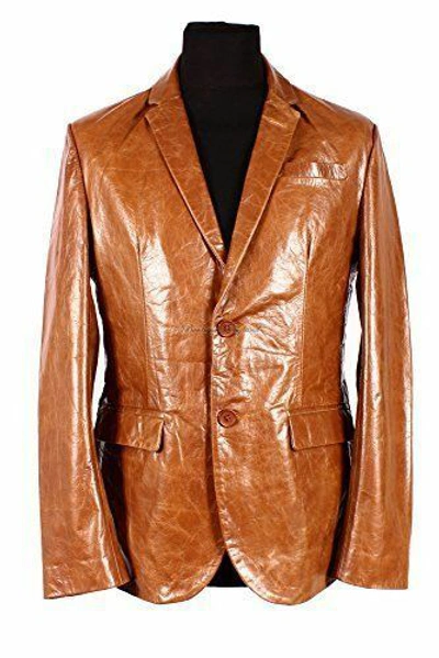 Pre-owned Real Leather Godzilla Two Button Classic Blazer Men Tan Glazed Cow Delux Hide Leather Jackets