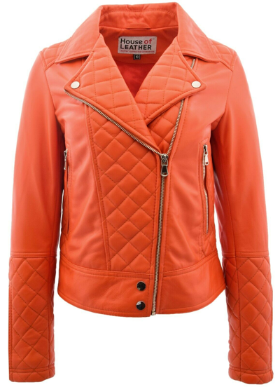 Pre-owned House Of Leather Womens Real Leather Biker Style Jacket With Quilt Detail Ziva Orange