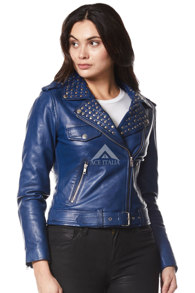 Pre-owned Smart Range Ladies Domino Blue Washed Rockstar Women Real Studded Leather Biker Jacket 4326