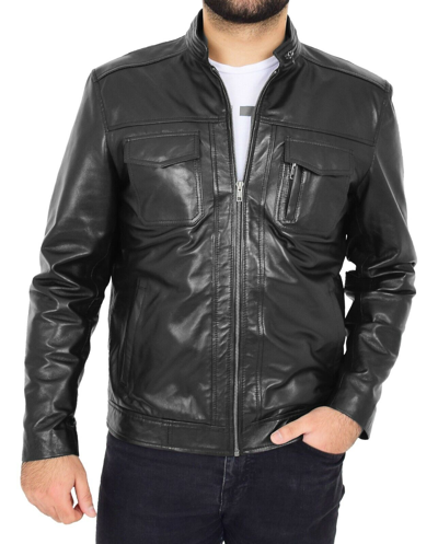 Pre-owned Fashion Biker Leather Jacket For Mens Black Soft Nappa Fitted Standing Collar Zip Fasten