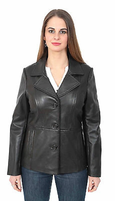 Pre-owned Fashion Womens Black Blazer Soft Leather Jacket Classic Buttoned Hip Length Casual Coat