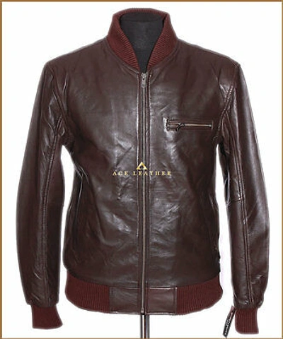 Pre-owned Smart Range Leather 70's Mens Leather Bomber Jacket Brown Baseball Style Real Napa Leather Jacket