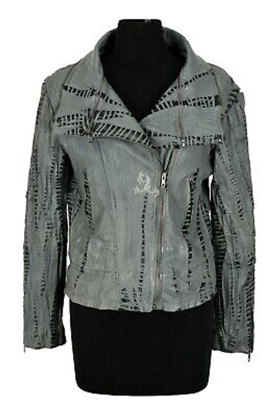 Pre-owned Carrie Ch Hoxton Women Croc Print Leather Jacket Grey Napa Lapel Collar Casual Wear Biker Jacket