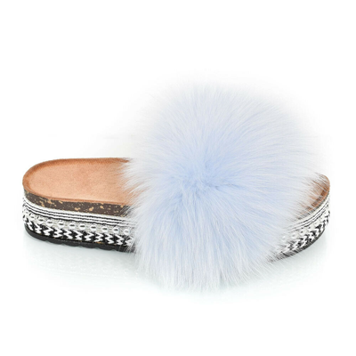 Pre-owned Fox Platform Slides With Light Blue  Fur & Rivets Slippers High Sole Fur Sandals