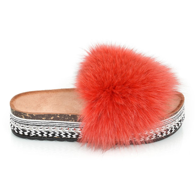 Pre-owned Fox Platform Slides With Red  Fur & Rivets Slippers High Sole Sandals With Fur