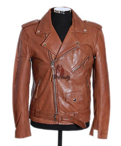 Pre-owned Real Leather Men's Brando Slim Fit Tan Waxed Biker Style Motorcycle Lambskin Leather Jacket