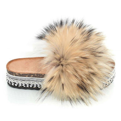 Pre-owned Fox Platform Slides With Raccoon Fur & Rivets Slippers High Sole Sandals With Fur