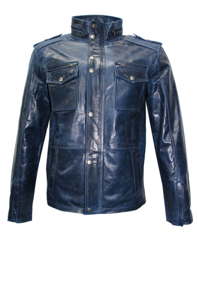 Pre-owned Sr Real Leather Stylish Deluxe Men's Blue Casual City Biker Style Real Glazed Leather Jacket