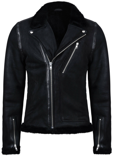 Pre-owned Infinity Mens Black Shearling Sheepskin Leather Biker Jacket