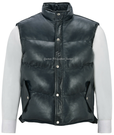 Pre-owned Casual Men's Puffer Leather Waistcoat Navy Padded Lambskin Leather  Waistcoat Style