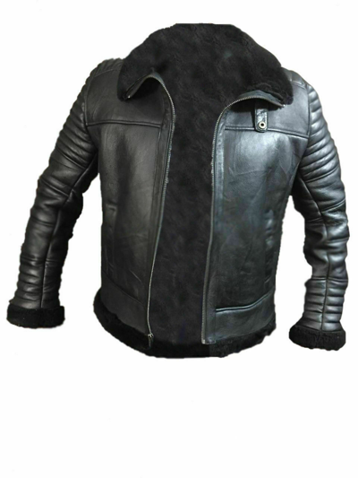 Pre-owned Claw Intl Men's Black Fur B3 Bomber Aviator Flying Sheep Genuine Leather Shearling Jacket
