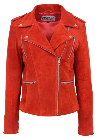 Pre-owned House Of Leather Womens Real Suede Biker Jacket Cross Zip Fastening Style Skylar Red