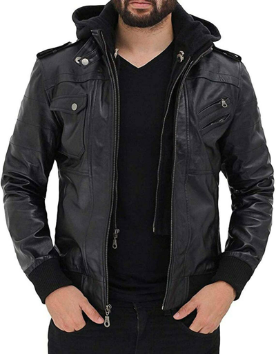 Pre-owned Ltd Mens Hooded Leather Jacket Genuine Black Leather Jacket Slim Fit Jacket Hoodie